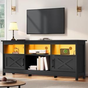 imageYITAHOME TV Stand for 65 Inch TVs Entertainment Center with Storage Cabinets Power Outlet ampamp LED Light Media TV Console with Barn Doors for Living Room BlackBlack