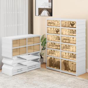 imageYITAHOME 10 Tier 20 Pairs Foldable Shoe Storage Box Plastic Shoe Organizer with Magnetic Doors for Closet Collapsible Sneaker Rack for Entryway Living Room Bedroom Whitewith Boots Tiers