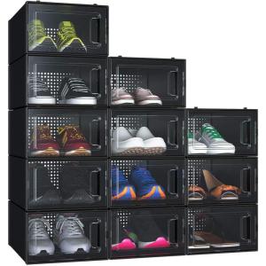 imageYITAHOME XLarge 12 Pack Shoe Storage Box Fit up to US Size 15 Stackable Shoe Organizer Boxes for Closet Plastic Shoe Rack Sneaker Containers Bins with Lids XL BlackBlack