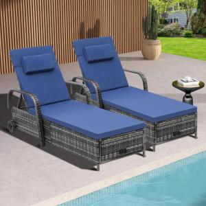 imageYITAHOME Chaise Lounge Chair with Storage Wicker Patio Lounge Set of 2 with 5Position Backrest Rattan Pool Reclining with Headrest Arm Cushion and Wheel for Poolside Balcony GardenGreyNavyGreynavy