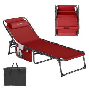 imageYITAHOME Patio Lounge Chair Portable Reclining Chairse Lounge Folding Camping Cot 5 Posistion Adjustable wHead Pillow ampamp Portable Handbag for Camping Pool Beach and Patio Red