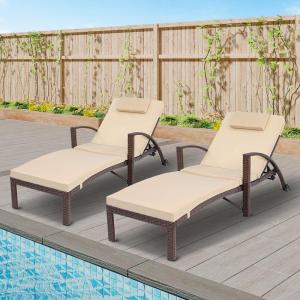 imageYITAHOME Wicker Chaise Lounge Set of 2 Pool Lounge Chair w 5Position Backrest Armrests Cushions and Headrest Outdoor Lounger for Backyard Poolside or GardenBrown