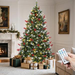 imageYITAHOME Prelit Green Christmas Tree 75ft with Remote Artificial Hinged Color Changing Christmas Tree PreLit Spruce with 1800 Tips and 400 UL Listed LED Lights 3 Timers for Home Party DecorationGreen With Red Berries