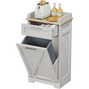 imageYITAHOME 10 Gallon Tilt Out Trash Can Cabinet Kitchen Trash Bin Cabinet Garbage Recycling Cabinet with Drawer Laundry Hamper Cabinet for Kitchen Laundry Room Bathroom WhiteOff White