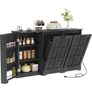 imageYITAHOME Tilt Out Trash Can Cabinet with Power Outlet 13 Gallon Kitchen Trash Bin Cabinet Garbage Recycling Cabinets with Storage Shelves Hidden Trash Cabinets for Kitchen Dining Room White OakDouble Trash Can