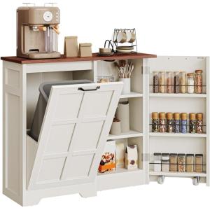 imageYITAHOME Tilt Out Trash Can Cabinet with Power Outlet 13 Gallon Kitchen Trash Bin Cabinet Garbage Recycling Cabinets with Storage Shelves Hidden Trash Cabinets for Kitchen Dining Room White OakSingle Trash Can