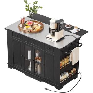 imageYITAHOME Kitchen Island with Stainless Steel Top ampamp Drop Leaf 42 Inch Kitchen Island on Wheels with Power Outlet Rolling Portable Mobile Kitchen Cart w Storage Drawer Cabinet Counter Metal Top Black60in