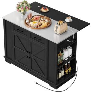 imageYITAHOME Kitchen Island with Stainless Steel Top ampamp Drop Leaf 42 Inch Kitchen Island on Wheels with Power Outlet Rolling Portable Mobile Kitchen Cart w Storage Drawer Cabinet Counter Metal Top Black47in