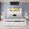 imageYITAHOME Full Size Bed Frame with 2 Storage Drawers and Storage Headboard Upholstered Platform with Charging Station and LED Light No Box Spring Needed Noise Free Easy Assembly PU Leather BlackVelvet White