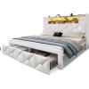 imageYITAHOME Full Size Bed Frame with 2 Storage Drawers and Storage Headboard Upholstered Platform with Charging Station and LED Light No Box Spring Needed Noise Free Easy Assembly PU Leather BlackVelvet White