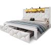 imageYITAHOME Full Size Bed Frame with 2 Storage Drawers and Storage Headboard Upholstered Platform with Charging Station and LED Light No Box Spring Needed Noise Free Easy Assembly PU Leather BlackVelvet White