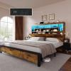 imageYITAHOME Queen Size Bed Frame with Storage Bookcase Headboard ampamp RGB LED Lights Slide Out Bedside Storage Charging Station Heavy Duty Metal Slats No Box Spring Needed NoiseFree Rustic BrownRustic Brown