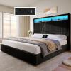 imageYITAHOME Queen Size Corduroy Upholstered Platform Bed Frame with Charging Station and RGB LED Lights 53 Tall Storage Wingback Headboard No Box Spring Needed Easy Assembly NoiseFree WhiteBlack