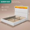 imageYITAHOME Queen Size Corduroy Upholstered Platform Bed Frame with Charging Station and RGB LED Lights 53 Tall Storage Wingback Headboard No Box Spring Needed Easy Assembly NoiseFree WhiteWhite