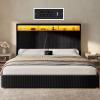 imageYITAHOME Queen Size Corduroy Upholstered Platform Bed Frame with Charging Station and RGB LED Lights 53 Tall Storage Wingback Headboard No Box Spring Needed Easy Assembly NoiseFree WhiteBlack