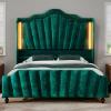 imageYITAHOME Queen Size Platform Bed Frame with 60quot Tall Wingback Headboard and Footboard Velvet Upholstered Bed with LED Light Solid Wood Leg No Box Spring Needed Easy Assembly BeigeGreen
