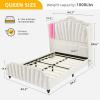 imageYITAHOME Queen Size Platform Bed Frame with 60quot Tall Wingback Headboard and Footboard Velvet Upholstered Bed with LED Light Solid Wood Leg No Box Spring Needed Easy Assembly BeigeBeige