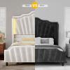 imageYITAHOME Queen Size Platform Bed Frame with 60quot Tall Wingback Headboard and Footboard Velvet Upholstered Bed with LED Light Solid Wood Leg No Box Spring Needed Easy Assembly BeigeBeige