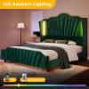 imageYITAHOME Queen Size Platform Bed Frame with 60quot Tall Wingback Headboard and Footboard Velvet Upholstered Bed with LED Light Solid Wood Leg No Box Spring Needed Easy Assembly BeigeGreen