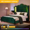 imageYITAHOME Queen Size Platform Bed Frame with 60quot Tall Wingback Headboard and Footboard Velvet Upholstered Bed with LED Light Solid Wood Leg No Box Spring Needed Easy Assembly BeigeGreen