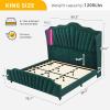 imageYITAHOME Queen Size Platform Bed Frame with 60quot Tall Wingback Headboard and Footboard Velvet Upholstered Bed with LED Light Solid Wood Leg No Box Spring Needed Easy Assembly BeigeGreen