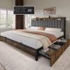 imageYITAHOME Queen Size Bed Frame with 4 Storage Drawers and RGB LED Lights 57 Tall Headboard Velvet Upholstered Bed with Charging Station No Box Spring Needed Easy Assembly NoiseFree WhiteRustic Brown