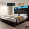 imageYITAHOME Queen Size Corduroy Upholstered Platform Bed Frame with Charging Station and RGB LED Lights 53 Tall Storage Wingback Headboard No Box Spring Needed Easy Assembly NoiseFree WhiteBlack