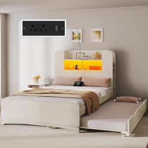 imageYITAHOME Bed with Trundle Twin Size Bed Frame with Bookcase Daybed Storage Headboard and Charging Station RGB LED Lights Bed with Wooden Support for Bedroom No Box Spring Needed Noise Free WhiteWhite
