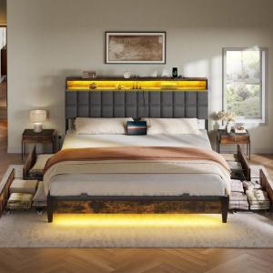 imageYITAHOME Full Size Bed Frame with 2 Storage Drawers and Storage Headboard Upholstered Platform with Charging Station and LED Light No Box Spring Needed Noise Free Easy Assembly PU Leather BlackRustic Brown