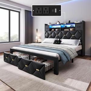 imageYITAHOME Full Size Bed Frame with 2 Storage Drawers and Storage Headboard Upholstered Platform with Charging Station and LED Light No Box Spring Needed Noise Free Easy Assembly PU Leather BlackPu Leather Black