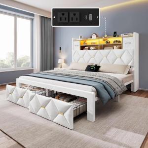 imageYITAHOME Full Size Bed Frame with 2 Storage Drawers and Storage Headboard Upholstered Platform with Charging Station and LED Light No Box Spring Needed Noise Free Easy Assembly PU Leather BlackVelvet White