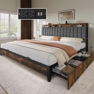 imageYITAHOME Queen Size Bed Frame with 4 Storage Drawers and RGB LED Lights 57 Tall Headboard Velvet Upholstered Bed with Charging Station No Box Spring Needed Easy Assembly NoiseFree WhiteRustic Brown