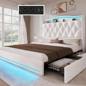 imageYITAHOME Queen Size Bed Frame with 4 Storage Drawers and RGB LED Lights 57 Tall Headboard Velvet Upholstered Bed with Charging Station No Box Spring Needed Easy Assembly NoiseFree WhiteWhite