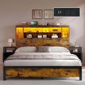 imageYITAHOME Queen Size Bed Frame with Storage Bookcase Headboard ampamp RGB LED Lights Slide Out Bedside Storage Charging Station Heavy Duty Metal Slats No Box Spring Needed NoiseFree Rustic BrownRustic Brown