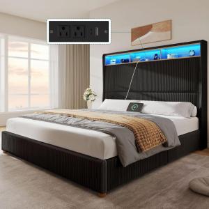 imageYITAHOME Queen Size Corduroy Upholstered Platform Bed Frame with Charging Station and RGB LED Lights 53 Tall Storage Wingback Headboard No Box Spring Needed Easy Assembly NoiseFree WhiteBlack