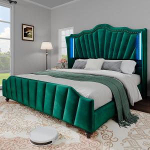 imageYITAHOME Queen Size Platform Bed Frame with 60quot Tall Wingback Headboard and Footboard Velvet Upholstered Bed with LED Light Solid Wood Leg No Box Spring Needed Easy Assembly BeigeGreen