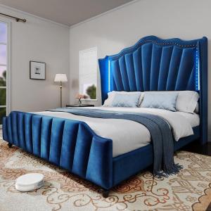 imageYITAHOME Queen Size Platform Bed Frame with 60quot Tall Wingback Headboard and Footboard Velvet Upholstered Bed with LED Light Solid Wood Leg No Box Spring Needed Easy Assembly BeigeBlue