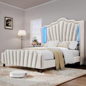 imageYITAHOME Queen Size Platform Bed Frame with 60quot Tall Wingback Headboard and Footboard Velvet Upholstered Bed with LED Light Solid Wood Leg No Box Spring Needed Easy Assembly BeigeBeige