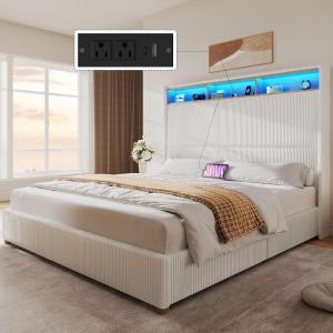 imageYITAHOME Queen Size Platform Bed Frame with 60quot Tall Wingback Headboard and Footboard Velvet Upholstered Bed with LED Light Solid Wood Leg No Box Spring Needed Easy Assembly BeigeCorduroy White