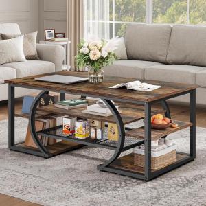 imageDWVO Rustic Coffee Table with Storage Shelf 47quot Wood Rectangle Center Table 5 Tier Cocktail Tea Table Modern Industrial Accent Table wArched Metal Frame for Living Room Reception Room Brown