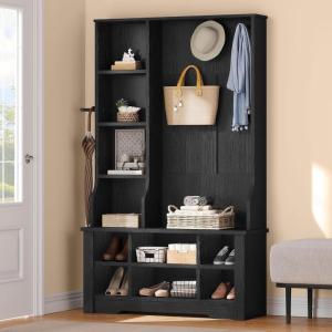 imageYITAHOME 39quot Farmhouse Hall Tree with Entryway Bench Wood Coat Rack with Storage Shelves 5 Coat Hooks 6 Shoe Cubbies wAdjustable Shelves Rustic Hall Tree for Entryway Hallway Foyer Narrow BrownBlack