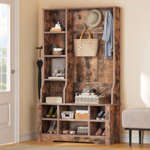 imageYITAHOME 39quot Farmhouse Hall Tree with Entryway Bench Wood Coat Rack with Storage Shelves 5 Coat Hooks 6 Shoe Cubbies wAdjustable Shelves Rustic Hall Tree for Entryway Hallway Foyer Narrow BrownBrown
