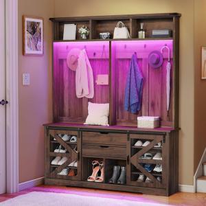 imageYITAHOME 39quot Farmhouse Hall Tree with Entryway Bench Wood Coat Rack with Storage Shelves 5 Coat Hooks 6 Shoe Cubbies wAdjustable Shelves Rustic Hall Tree for Entryway Hallway Foyer Narrow BrownRustic Brown