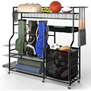 imageYITAHOME MultiFunctional Sports Organizer for Garage Golf Gear Storage Rack for 3 Bags and Clubs Ball Storage Bins with Wheels MultiLayer Sports Equipment Rack with Hooks3in1