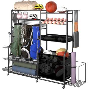 imageYITAHOME MultiFunctional Sports Organizer for Garage Golf Gear Storage Rack for 3 Bags and Clubs Ball Storage Bins with Wheels MultiLayer Sports Equipment Rack with Hooks5in1