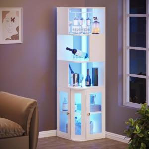 imageYITAHOME Corner Wine Cabinet with LED Lights ampamp Glass Holder Corner Bar Cabinet with Tempered Glass Door ampamp Adjustable Shelves Liquor Bar Rack Cabinet for Living Room Dining Room Kitchen BlackWhite