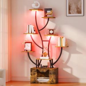 imageYITAHOME Tall Bookshelf with LED Light Artistically Designed Tree Bookshelf with Cats Litter Box 8Tier Unique Bookshelves Corner Display Shelf for Home Office Bedroom8 Tier with Cat Litter Box