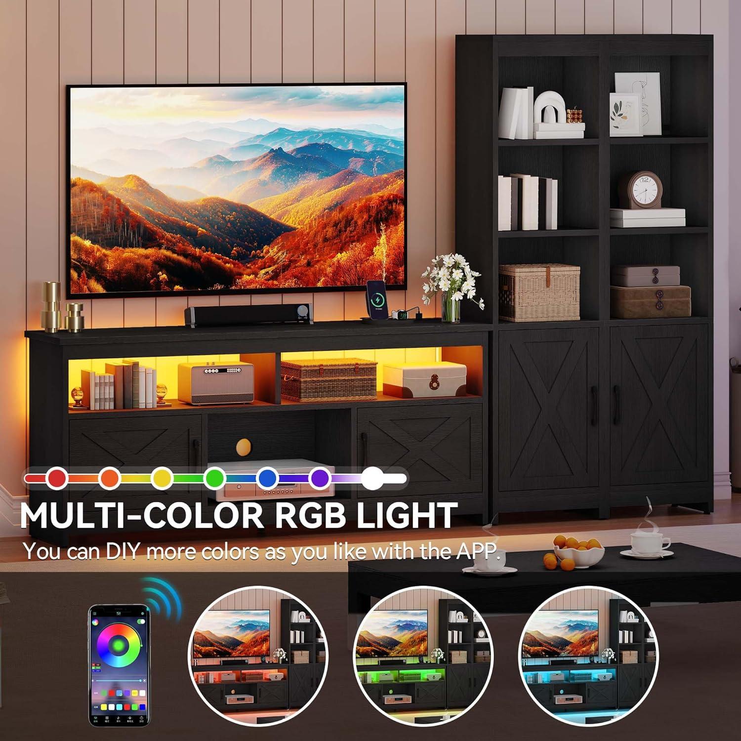 imageYITAHOME Farmhouse TV Stand for 65inch TV Entertainment Center with Storage Adjustable LED Lights ampamp Power Hub TV Cabinet with Bookshelves for Living RoomApartment Washed GreyBlack