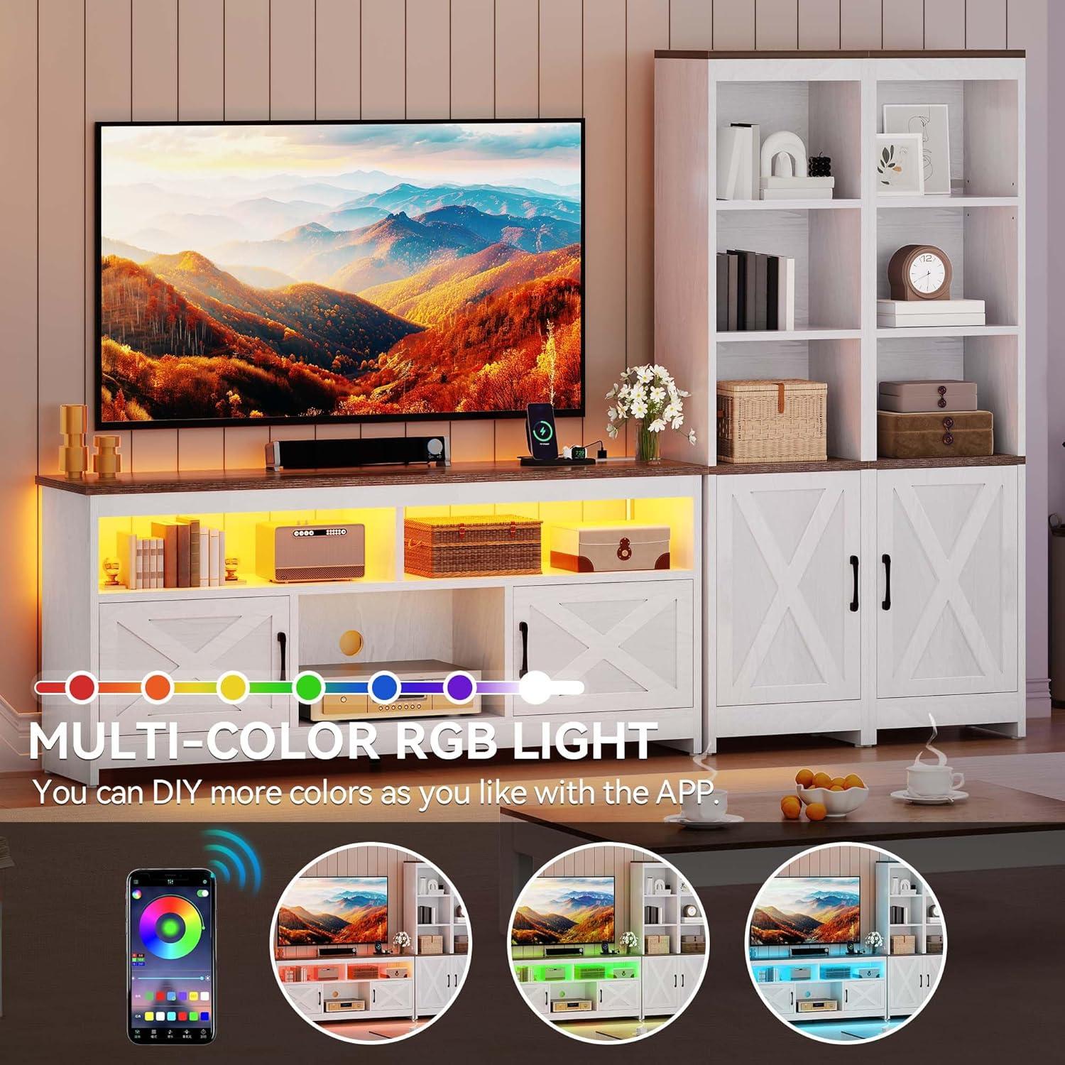 imageYITAHOME Farmhouse TV Stand for 65inch TV Entertainment Center with Storage Adjustable LED Lights ampamp Power Hub TV Cabinet with Bookshelves for Living RoomApartment Washed GreyGrey