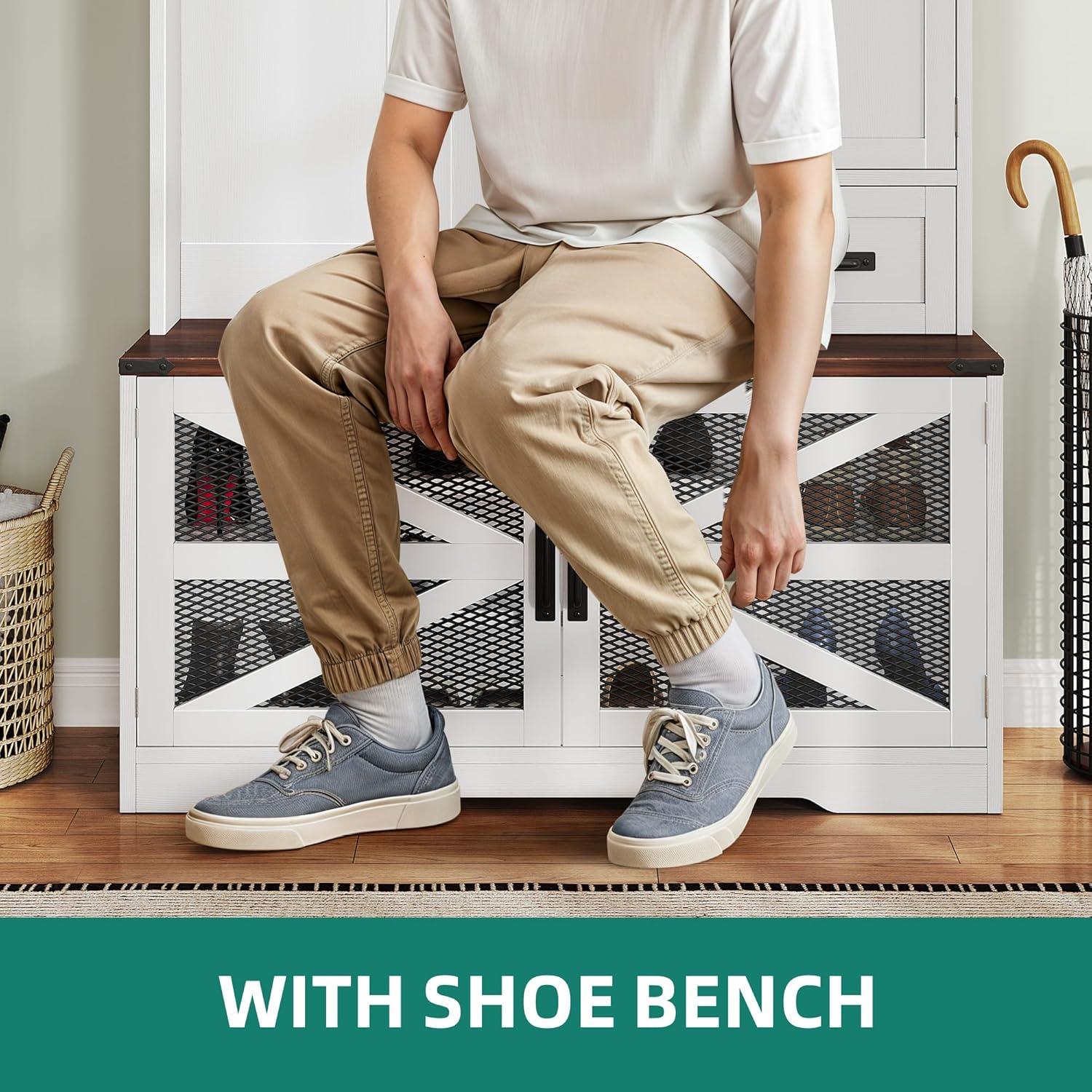 imageYITAHOME Hall Tree with Bench and Storage Modern Entryway Hall Tree wBarn Door 5 Coat Hooks 3Tier Side Cabinet Bench with Shoe Cabinet for Entryway Foyer Mudroom Living Room Walnut ampamp OffWhiteWalnut  Offwhite